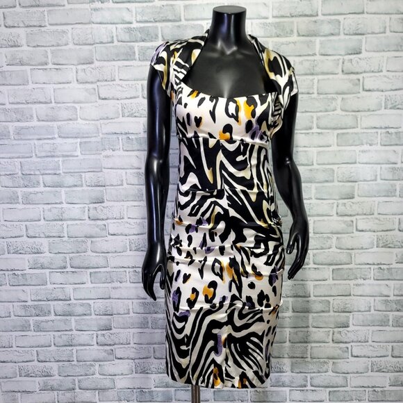 Cache Size 6 Silk Animal Print Ruched Cutout Back S/S Knee Length Dress Cocktail - Picture 1 of 12